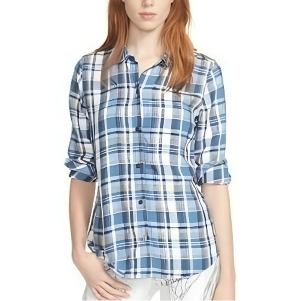 Current/Elliott Womens Western‎ Beachy Slim Boy 100% Linen Picnic Plaid Shirt L